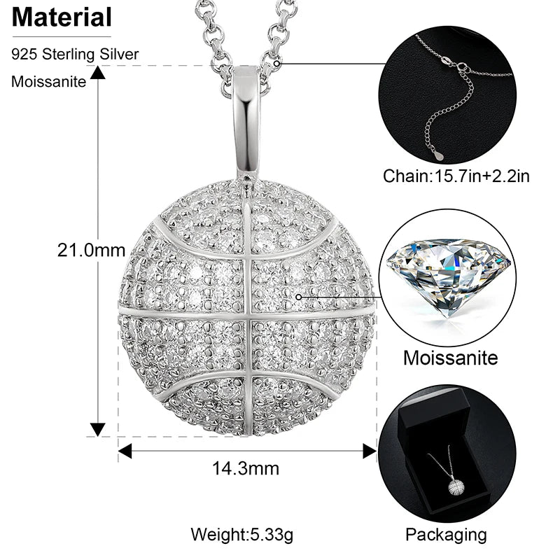 925 Sterling Silver Moissanite Basketball Pendant Couples Necklace