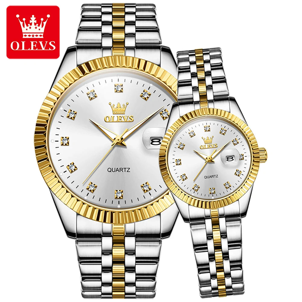 OLEVS 5526 Luxury Gold Diamond Couple Watches – Waterproof & Luminous