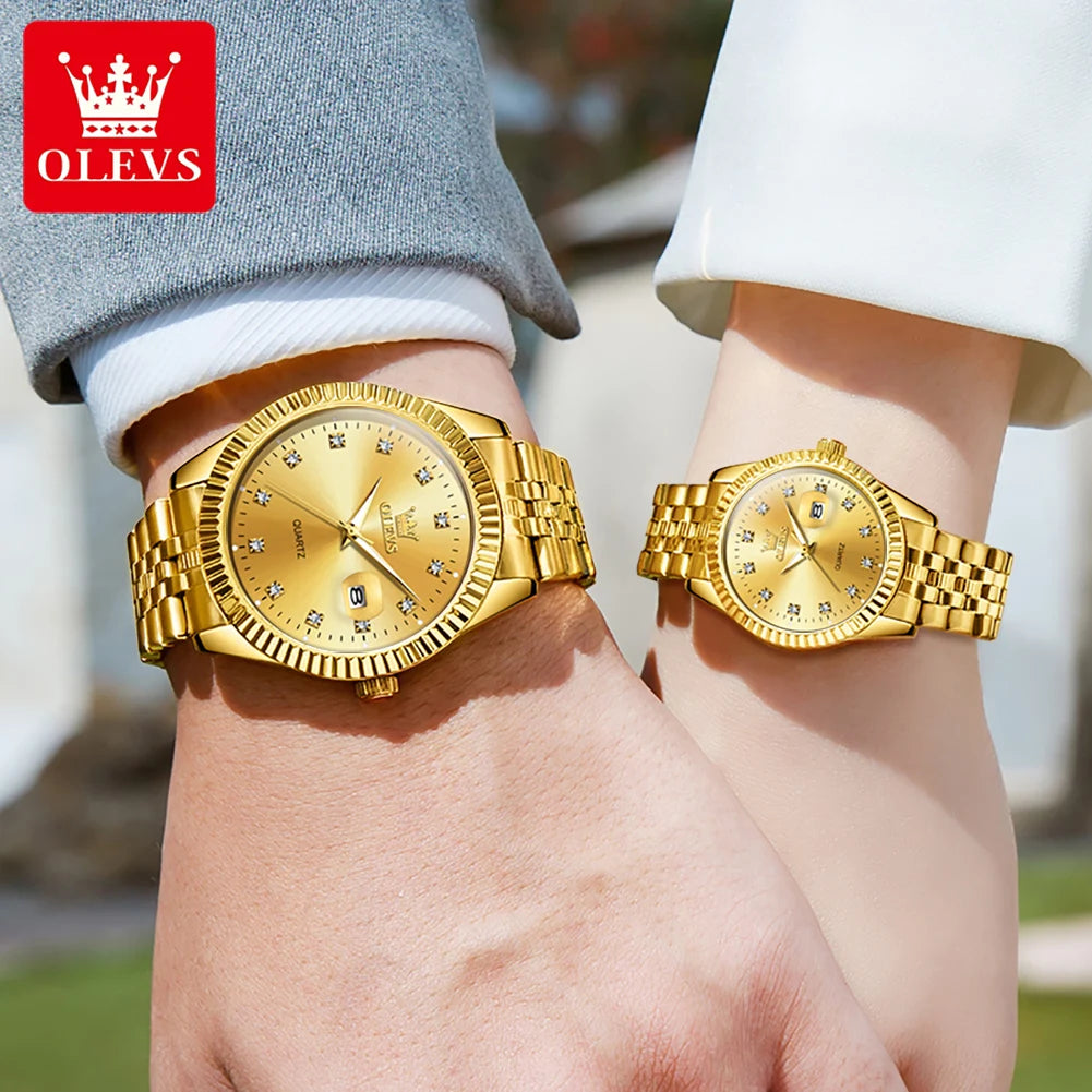 OLEVS 5526 Luxury Gold Diamond Couple Watches – Waterproof & Luminous