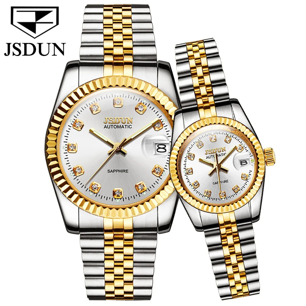 JSDUN Sapphire Automatic Couple Watches – Diamond Accents, 5ATM Waterproof-– The Ultimate Gift for Love